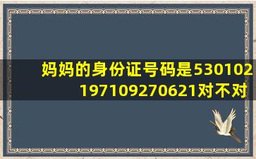 妈妈的身份证号码是530102197109270621对不对